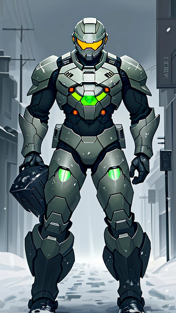 1 Boy，Put on the whole gray armor suit，gray helmet，Green eye patch，Master Chief，Snowstorm all around，Dark weather，Moving things，End of the World，Armored suits have numbers on them