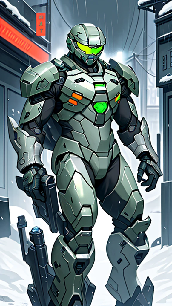 1 Boy，Put on the whole gray armor suit，gray helmet，Green eye patch，Master Chief，Snowstorm all around，Dark weather，Moving things，End of the World，Armored suits have numbers on them