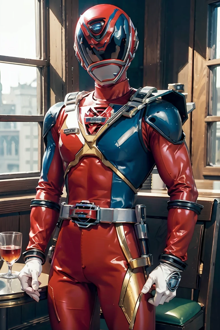 Fantasy background, cafe rpg style, empty chair, table, set of tea glass, (power rangers)), One guy、, ((red ranger suit)), red and blue chest armor with gold details, costume, Solo, ((fit figure)), (Anatomically correct), Cowboy shot, masked face, guns, muscular build