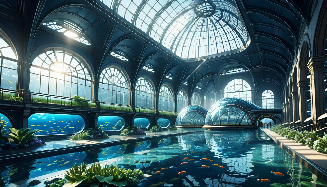 a high-speed rail train station underwater, intricate detailed architecture, glass domes, futuristic design, ray of light shining through water, aquatic plants, schools of fish swimming by, metallic structures, advanced technology, cinematic lighting, dramatic shadows, photorealistic, 8k, highly detailed