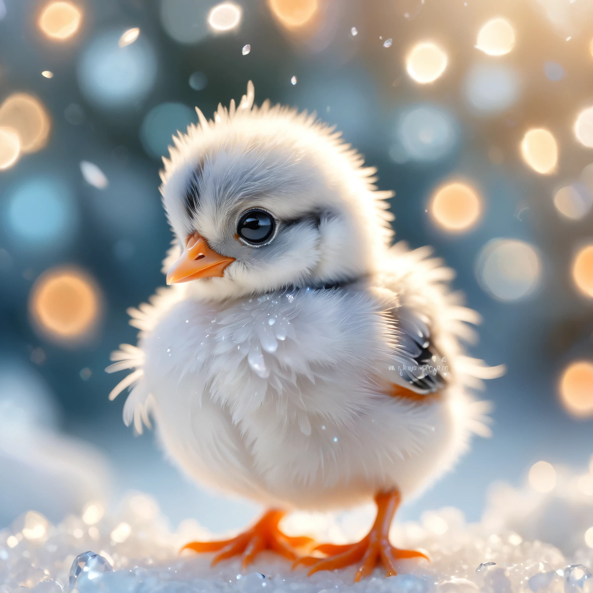 a detailed and enchanting image of a small, fluffy chick with soft, light blue and white feathers standing amidst sparkling crystals. The chick has large, round black eyes, a small orange beak, and tiny orange feet. The background is softly blurred with a bokeh effect, featuring warm, glowing lights that add a magical atmosphere. Some feathers are floating around the chick, enhancing the whimsical feel. The ground is covered with various crystals and small rocks, reflecting light and adding to the dreamy, fairy-tale setting. The overall mood should be cute, magical, and heartwarming, capturing the innocence and charm of the chick.