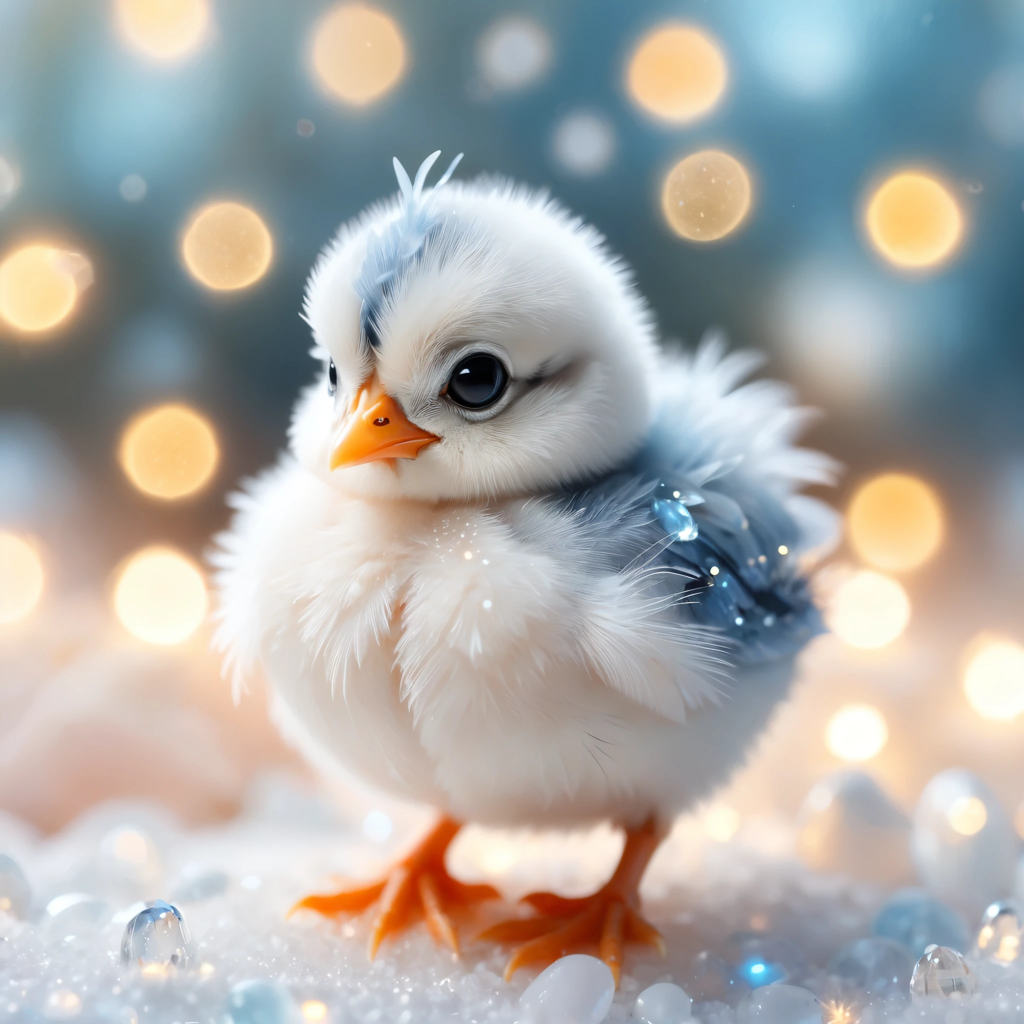 a detailed and enchanting image of a small, fluffy chick with soft, light blue and white feathers standing amidst sparkling crystals. The chick has large, round black eyes, a small orange beak, and tiny orange feet. The background is softly blurred with a bokeh effect, featuring warm, glowing lights that add a magical atmosphere. Some feathers are floating around the chick, enhancing the whimsical feel. The ground is covered with various crystals and small rocks, reflecting light and adding to the dreamy, fairy-tale setting. The overall mood should be cute, magical, and heartwarming, capturing the innocence and charm of the chick.