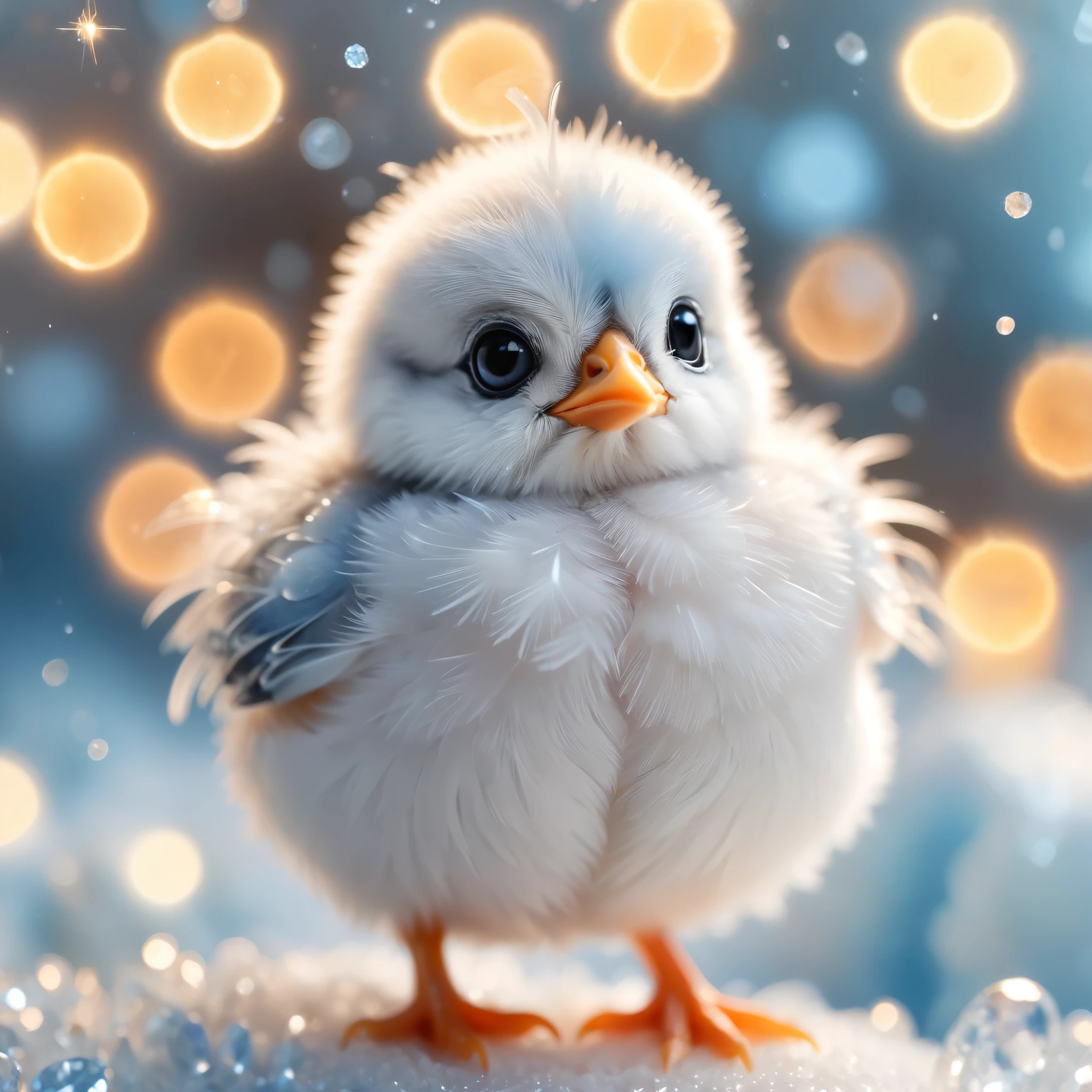 a detailed and enchanting image of a small, fluffy chick with soft, light blue and white feathers standing amidst sparkling crystals. The chick has large, round black eyes, a small orange beak, and tiny orange feet. The background is softly blurred with a bokeh effect, featuring warm, glowing lights that add a magical atmosphere. Some feathers are floating around the chick, enhancing the whimsical feel. The ground is covered with various crystals and small rocks, reflecting light and adding to the dreamy, fairy-tale setting. The overall mood should be cute, magical, and heartwarming, capturing the innocence and charm of the chick.