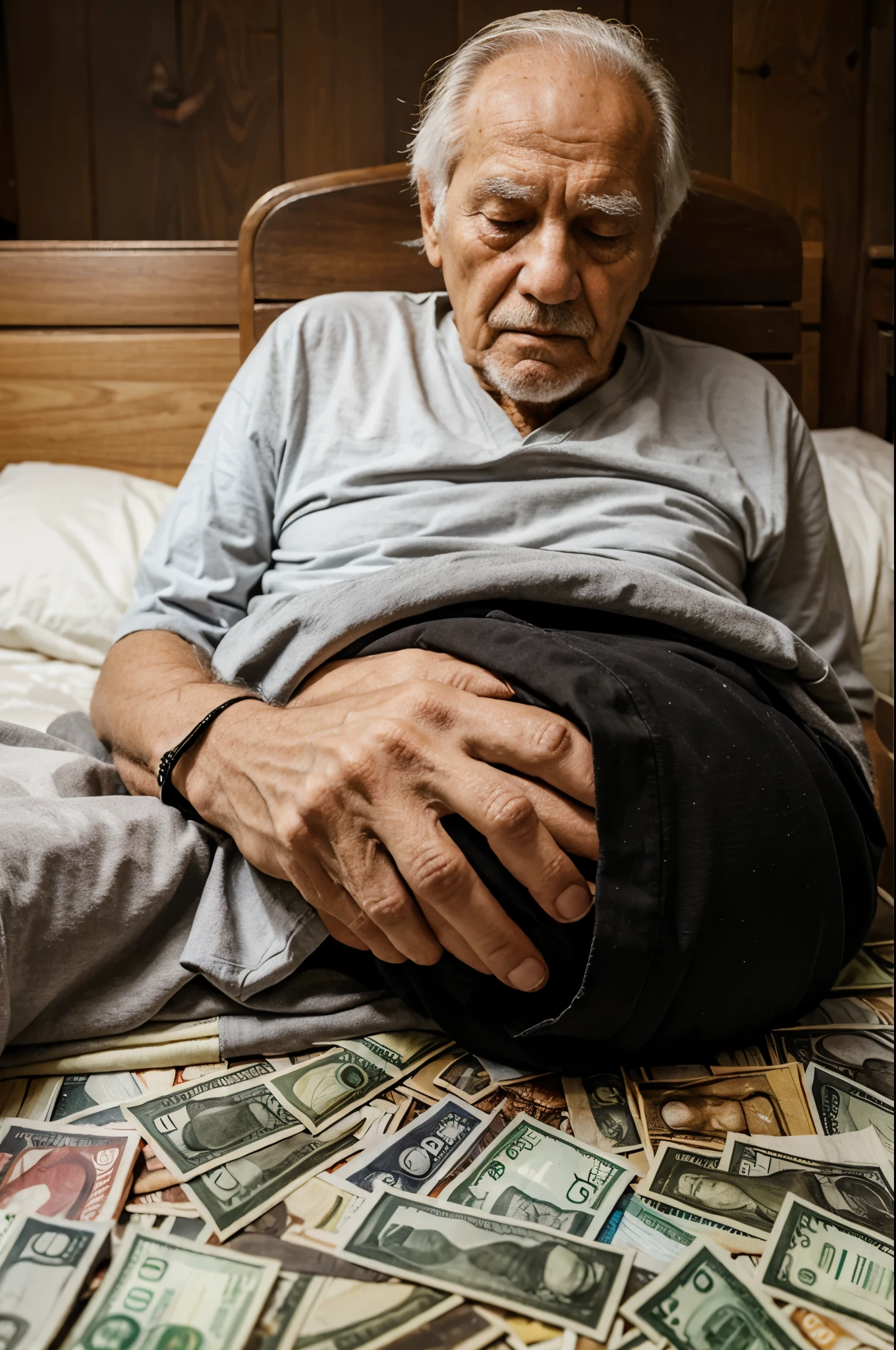 The old grandfather sleeps on a lot of money