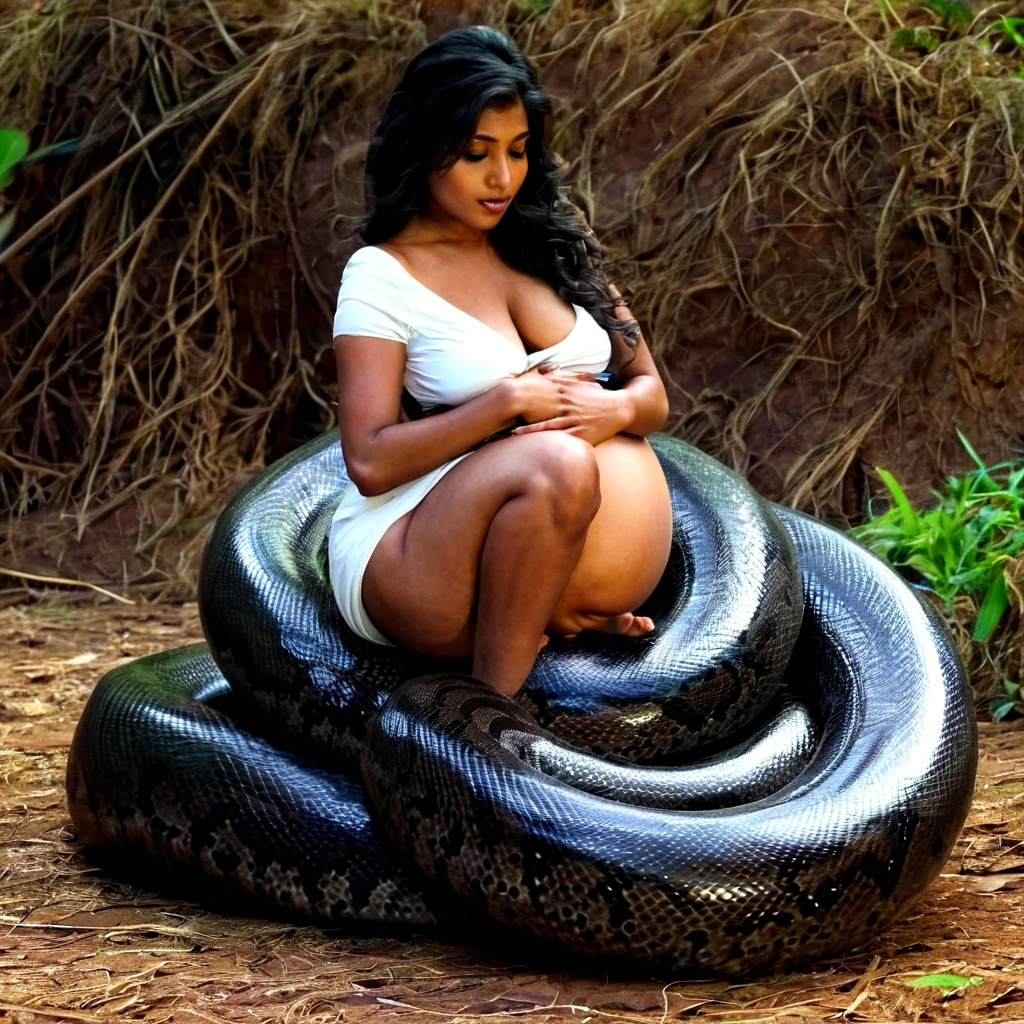 Pregnant Happy Horny, aroused 1girl), beautiful kneeling Indian young girl with giant colossal black titanboa squeezing her hard, wrapped in thick spiraling coils, constricted, struggle, gasping for air, snake attack, snake peril, moonless night, dim light