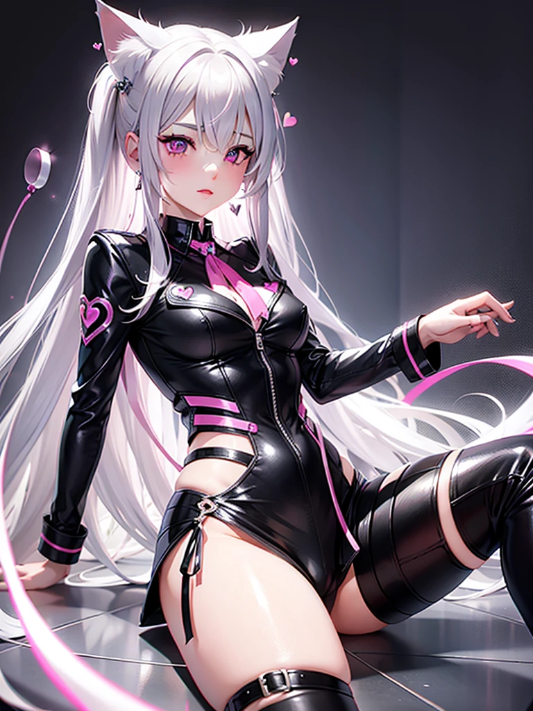 Silver hair, pink eyes, body, cat ears, sexy girl, earrings, heart background fantasy, uniform 