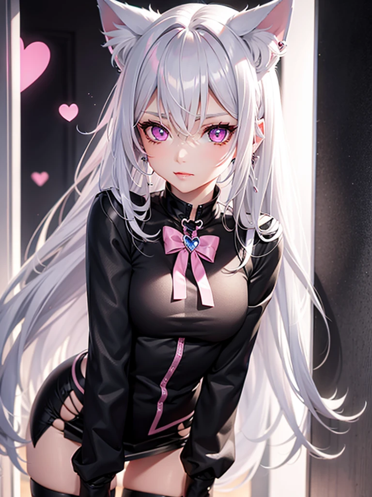 Silver hair, pink eyes, body, cat ears, sexy girl, earrings, heart background fantasy, uniform 