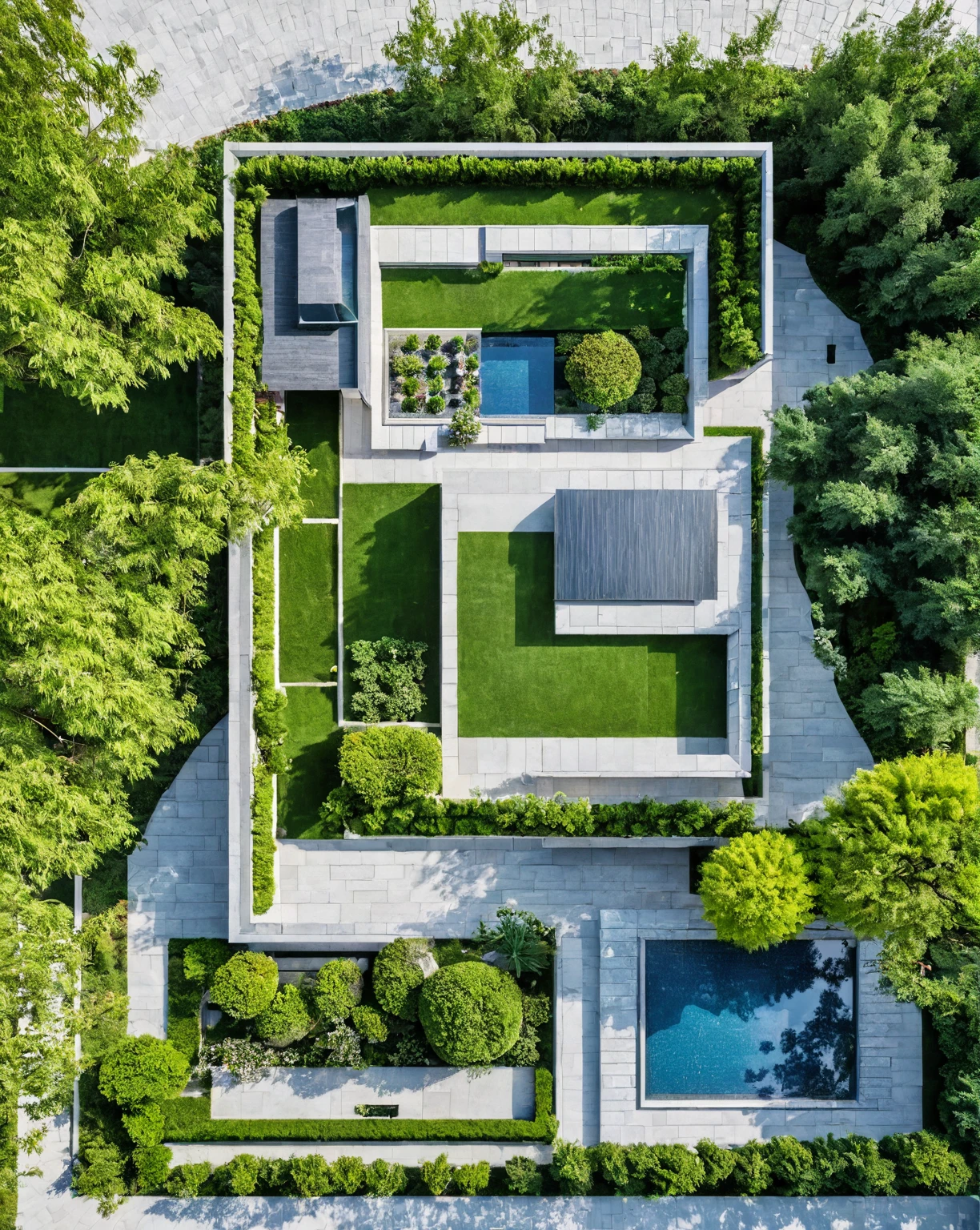 qlcd,tingyuan, photo of modern villa, grassland, garden, shrubs and trees, rock decoration, clear sky, sun light, realistic photo