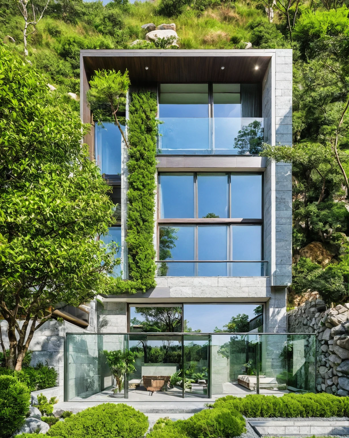 qlcd,tingyuan, photo of modern villa, grassland, garden, shrubs and trees, rock decoration, clear sky, sun light, realistic photo