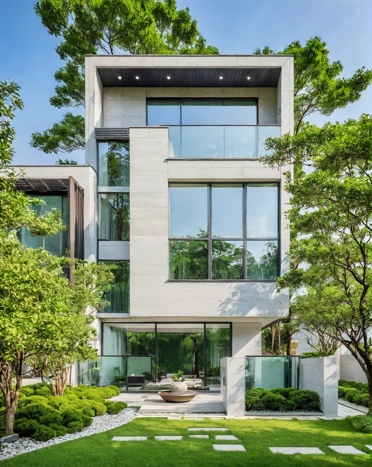 qlcd,tingyuan, photo of modern villa, grassland, garden, shrubs and trees, rock decoration, clear sky, sun light, realistic photo