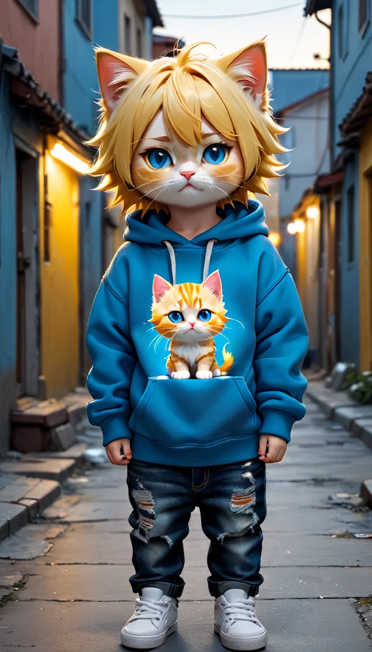 Best Quality, detailed, hyper detailed, beautiful, 8k, absurdities, on the street, a poor kitten, sad, standing, mirando On the right, yellow hair blue eyes, Chibi, chubby, torn sweatshirt, Ripped jeans, 5 years old, in an ugly and poor house, Fancy, photorealistic, ultra realistic photo, 3D rendering, anthropomorphism, full body shot, On the right, wide view, rule of thirds, average, bright lights, dramatic lighting, volumetric lighting, depth of field, dramatic contrast, darkgoldrod