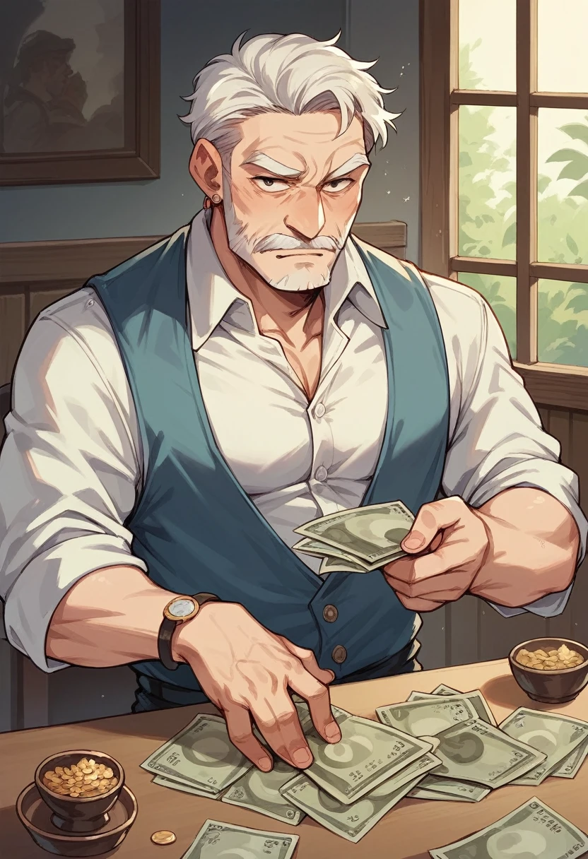 The old grandfather sleeps on a lot of money