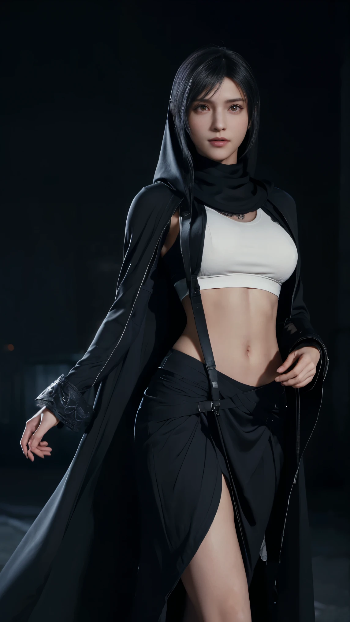 8K, Top Quality, Intricate Details, Ultra Detail, Ultra High Resolution, Masterpiece, close up shot, (full body: 1.1), Slender, Smile, (Makeup: 0.4), (walking), (Fluffy  Eyes: 1.21), ((bangs)), 1girl, solo, 1 girl, (((red eyes, black hair, bangs, long hair)), ((Tifa,Tifa･lockhart,Final Fantasy 7,FF7,l)), close up shot, , ((tall)), (((fit body))), (((slim face))), sharp face, ((abaya, hijab, )) , (detailed face), sharp face, small lips, ( walking), walk pose, walking pose, 
 ((,  abaya ,hijab)), , ((,)), detailed face, detailed breast, large breast, huge breast, (( )), detail ass, Narrow Waist, Skinny, tall , 175 cm tall, Muscular, Navel, Exposed Abdomen, Pointed Chest,, Beautiful girl with accentuated slender abs: 1.4, Six Pack Abs: 1.4,, Perfect Body, detail leg, (( dark background)), black background,