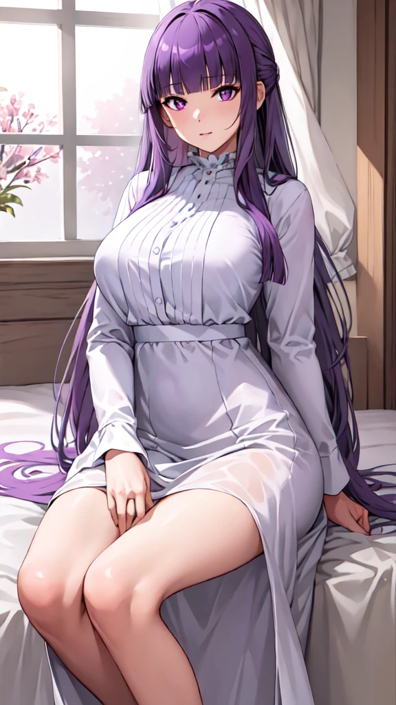 masterpiece, Highest quality, High resolution, Arfern, Long Hair, Purple Hair, Blunt bangs, Purple eyes, Large Breasts, Long dress, White Dress, Long sleeve, Sitting,arms behind head, Bedroom, Cowboy Shot,