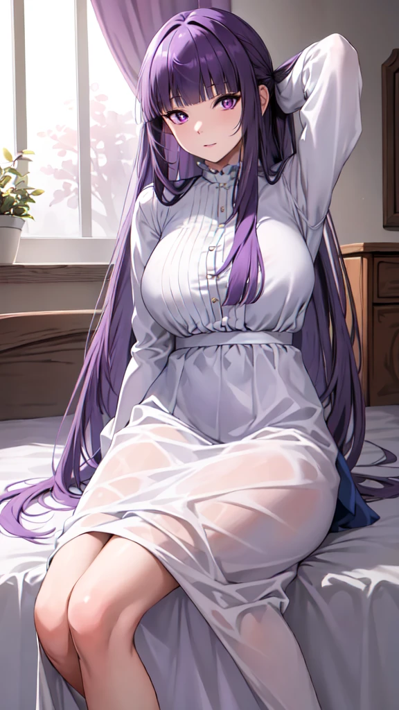 masterpiece, Highest quality, High resolution, Arfern, Long Hair, Purple Hair, Blunt bangs, Purple eyes, Large Breasts, Long dress, White Dress, Long sleeve, Sitting,arms behind head, Bedroom, Cowboy Shot,