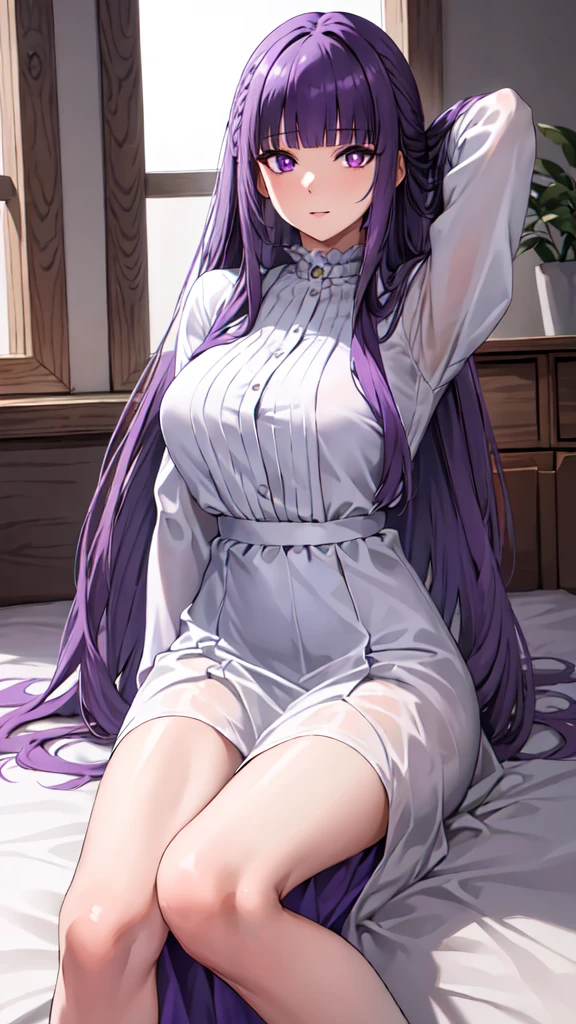 masterpiece, Highest quality, High resolution, Arfern, Long Hair, Purple Hair, Blunt bangs, Purple eyes, Large Breasts, Long dress, White Dress, Long sleeve, Sitting,arms behind head, Bedroom, Cowboy Shot,