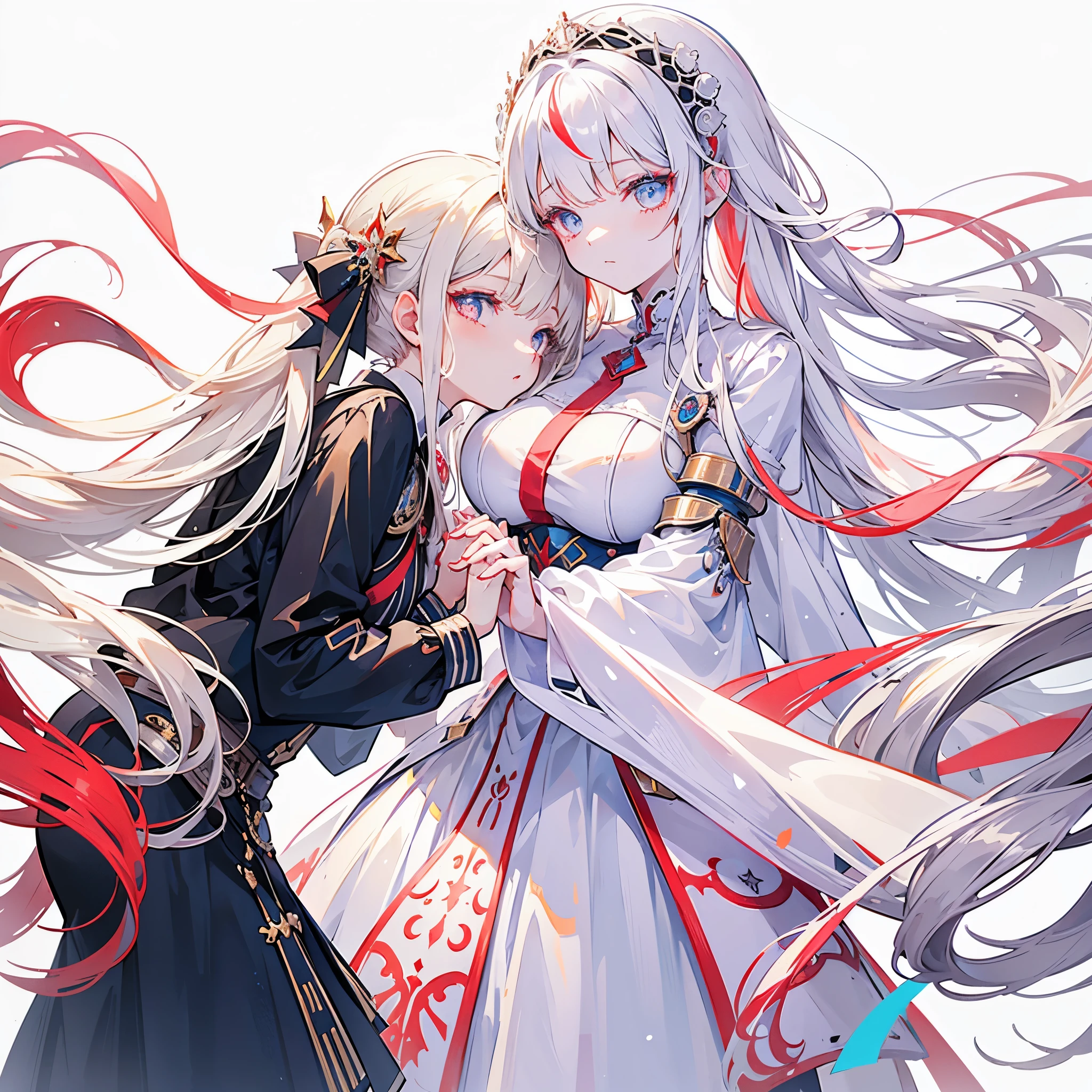 Two girls, one with beige hair and very red eyes, the other with white hair and blue eyes, twin tails, long hair, white background, colorful jewels, light, high quality, holding hands and taking a nap ,mecha musume, Colorful portraits
