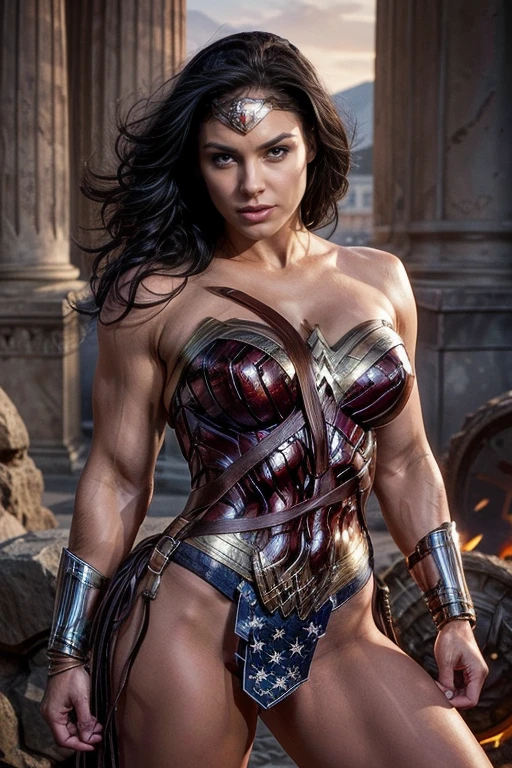 Art image of Gina Carano as Wonder Woman, busty, beautiful, black hair,big muscles, large breasts, ancient Athens background, by Louis Royo, Boris Vallejo, Frank Frazetta, extreme focus, sharp details, sexy,  oily skin, sexy, naughty, sexy pose