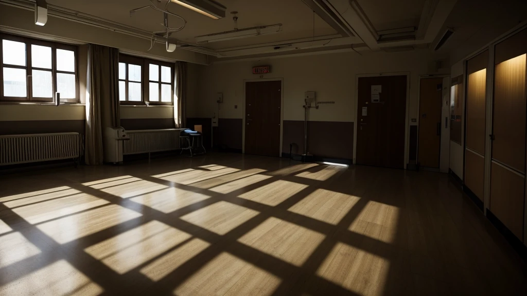 A hospital where in the background you can see shadows as if they belonged to ghosts, The atmosphere is a bit dark and gloomy., with tinkling lamps, there are hospital things in the image, It's real in the hospital, perfect for a video thumbnail, full HD