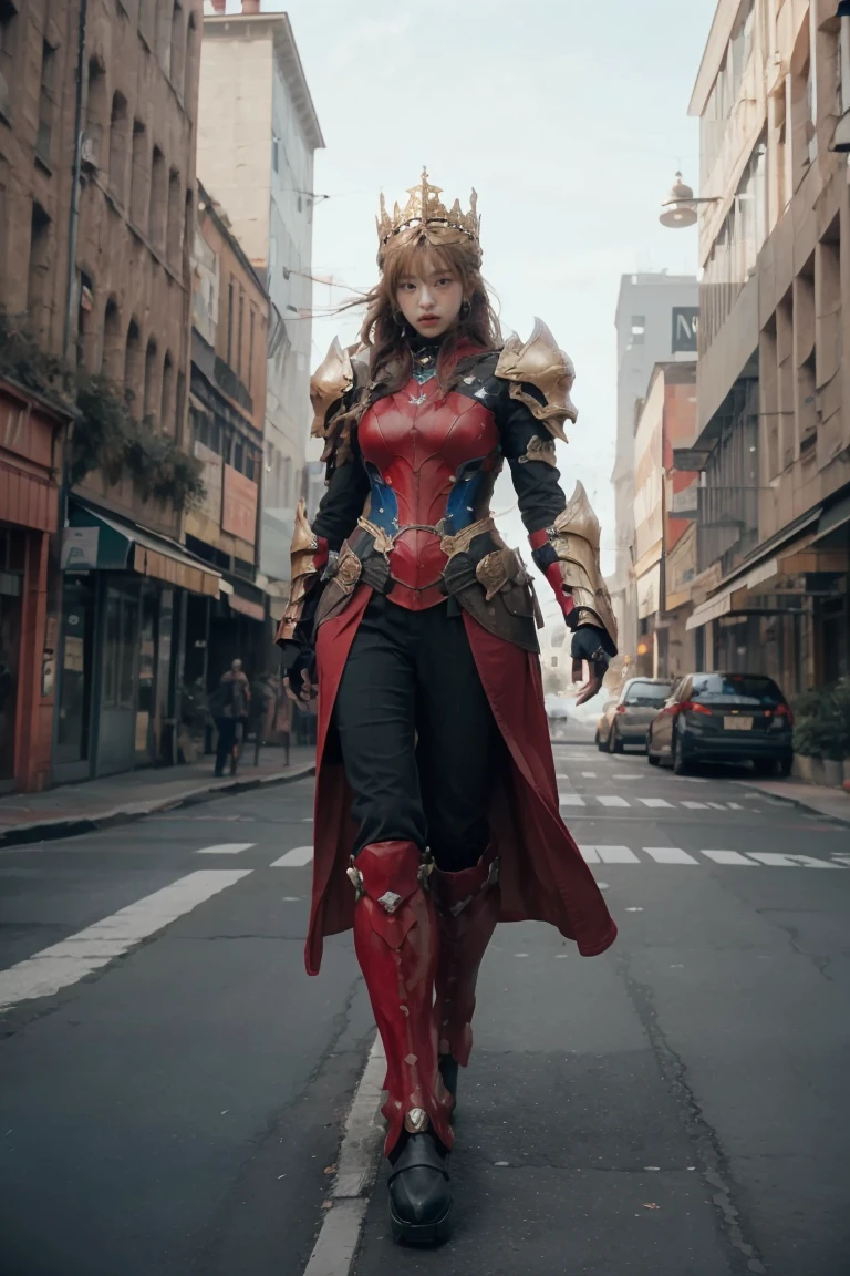 A woman adorned in fantasy-style full-body armor, a crown-concept fully enclosed helmet that unveils only her eyes, a composite layered chest plate, fully encompassing shoulder and hand guards, a lightweight waist armor, form-fitting shin guards, the overall design is heavy-duty yet flexible, ((the armor gleams with a golden glow, complemented by red and blue accents)), exhibiting a noble aura, she floats above a fantasy-surreal high-tech city, this character embodies a finely crafted fantasy-surreal style armored hero in anime style, exquisite and mature manga art style, (Queen bee mixed with Spider concept Armor), ((Nordic, elegant, goddess, femminine:1.5)), metallic, high definition, best quality, highres, ultra-detailed, ultra-fine painting, extremely delicate, professional, anatomically correct, symmetrical face, extremely detailed eyes and face, high quality eyes, creativity, RAW photo, UHD, 32k, Natural light, cinematic lighting, masterpiece-anatomy-perfect, masterpiece:1.5