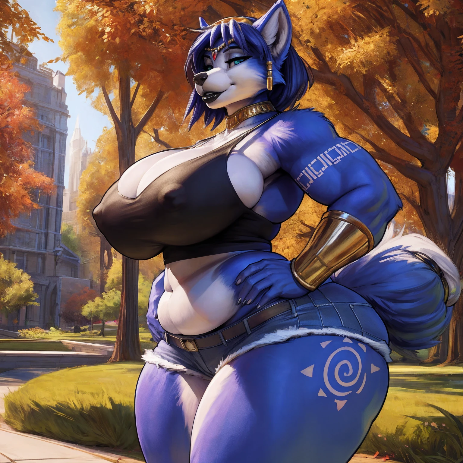 by darkgem, by duase, by bng, solo, 1girl, krystal, krystal starfox, female, older woman, smooth body, chubby, broad shoulders, wide body, wide hips, thick thighs, big arms, heavy breasts, nipple outline, highly detailed eye, milf, tank top, (bare midriff:1.3), cleavage, large areolae, denim cutoffs, visible thong straps, Masterpiece, best quality, absurd res, highly detailed, cleanly drawn eyes, park environment, standing upright, big bottom lip, black lipstick, casual posture, hands on hips,