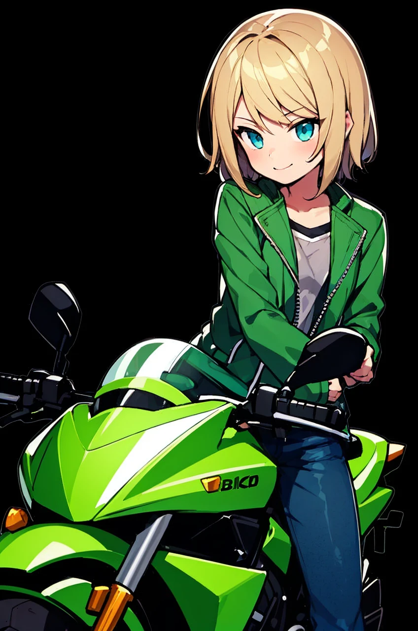 Beautiful 8-year-old girl smiling in a green leather jacket with short sandy blonde hair riding a Black motorcycle