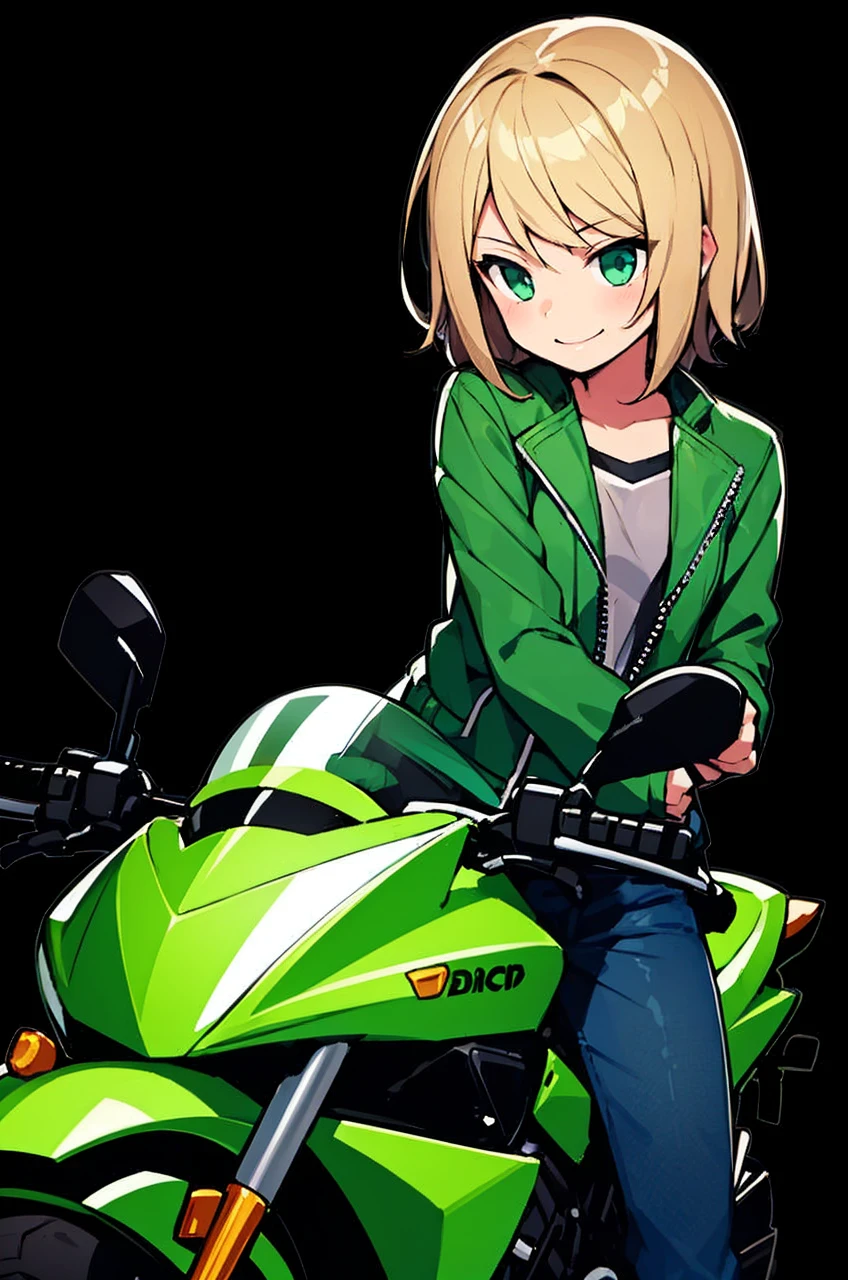 Beautiful 8-year-old girl smiling in a green leather jacket with short sandy blonde hair riding a Black motorcycle