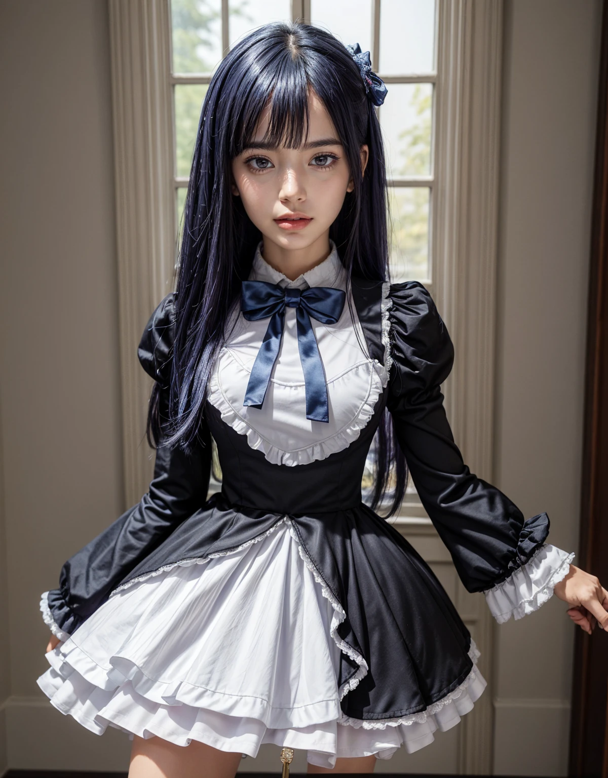 1 chica, full body photography, athletic, strong woman body, slim woman body, bowtie, frills, black dress, y sleeves, short over long sleeves, long sleeves, deep-blue hair, long hair, frederica bernkastel, purple hair, dress, bowtie, mary janes, socks, cat tail, tail bow, tail ornament,
purple eyes, constituir, Volumetric lighting, Mejor calidad, obra maestra, detalles intrincados, mapeo de tonos, sharp focus, hiper detallado, tendencia en artstation, Realista, belleza de talla mundial, joy face, vista frontal, detailed background, centered photo, perfectly drawn hands, closed dress at chest
