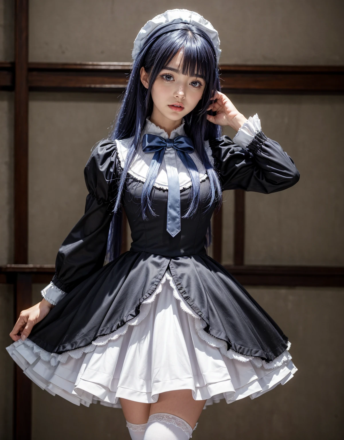 1 chica, full body photography, athletic, strong woman body, slim woman body, bowtie, frills, black dress, puffy sleeves, short over long sleeves, long sleeves, deep-blue hair, long hair, frederica bernkastel, purple hair, dress, bowtie, mary janes, socks, cat tail, tail bow, tail ornament,
purple eyes, constituir, Volumetric lighting, Mejor calidad, obra maestra, detalles intrincados, mapeo de tonos, sharp focus, hiper detallado, tendencia en artstation, Realista, belleza de talla mundial, joy face, vista frontal, detailed background, centered photo, perfectly drawn hands, closed dress at chest