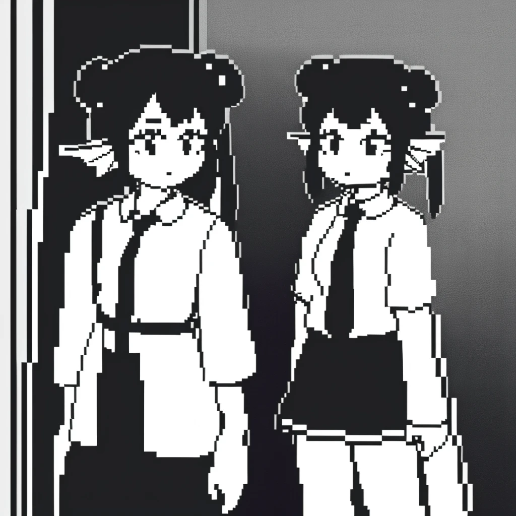 1girl,20 years old,solo,long hair,finana,twintails,double bun,(white shirt,short sleeves,black standart tie,black skirt),kuro_gane,pixel_art,monochrome