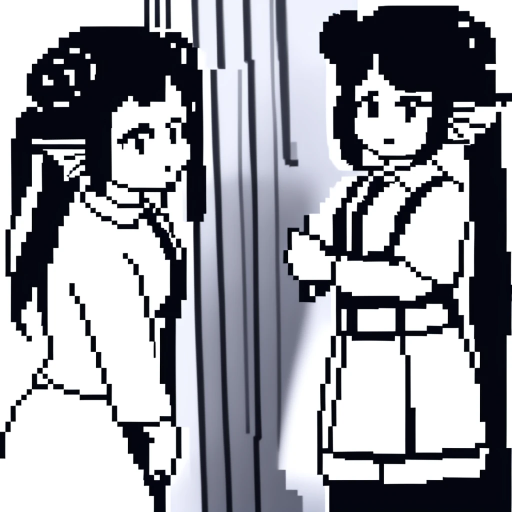 1girl,20 years old,solo,long hair,finana,twintails,double bun,(white shirt,short sleeves,black standart tie,black skirt),kuro_gane,pixel_art,monochrome