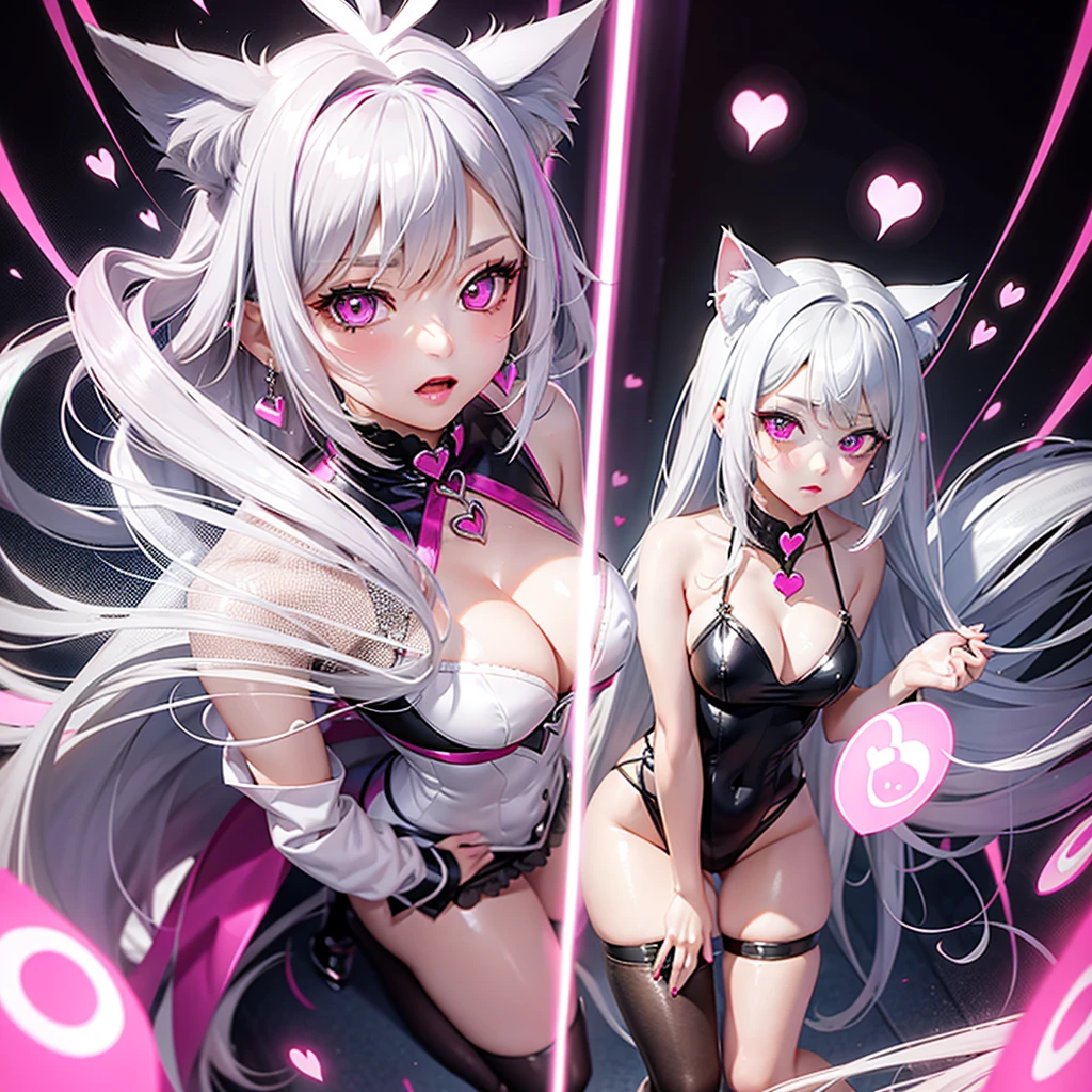 Silver hair, pink eyes, hot pink dress, cat ears, sexy girl, earrings, heart background fantasy