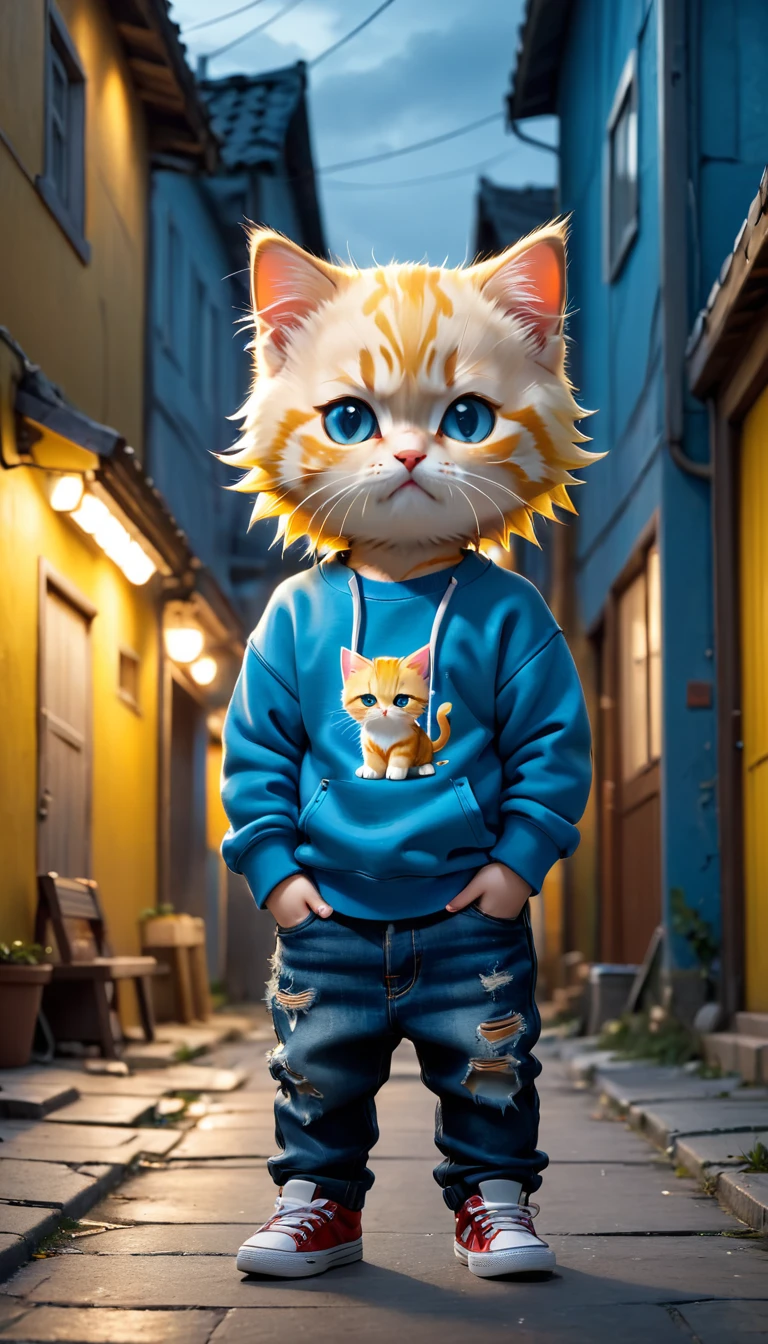 Best Quality, detailed, hyper detailed, beautiful, 8k, absurdities, on the street, a poor kitten, sad, standing, mirando On the right, yellow hair blue eyes, Chibi, chubby, torn sweatshirt, Ripped jeans, 5 years old, in an ugly and poor house, Fancy, photorealistic, ultra realistic photo, 3D rendering, anthropomorphism, full body shot, On the right, wide view, rule of thirds, average, bright lights, dramatic lighting, volumetric lighting, depth of field, dramatic contrast, darkgoldrod