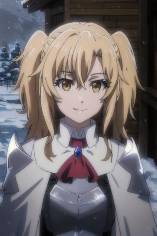 GoblinSlayer, NobleFencer, solo, girl1, looking at viewer, smile, long sleeves, brown eyes, cape, armor, shoulder armor, portrait, red ascot, snow, outdoor