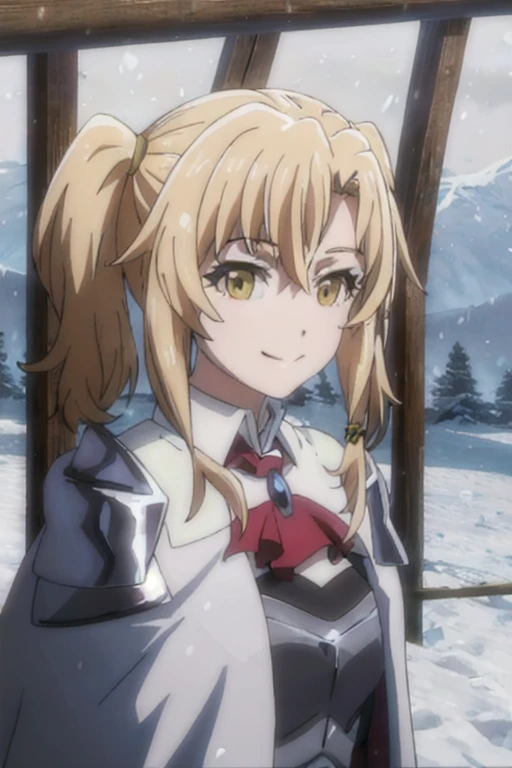 GoblinSlayer, NobleFencer, solo, girl1, looking at viewer, smile, long sleeves, brown eyes, cape, armor, shoulder armor, portrait, red ascot, snow, outdoor