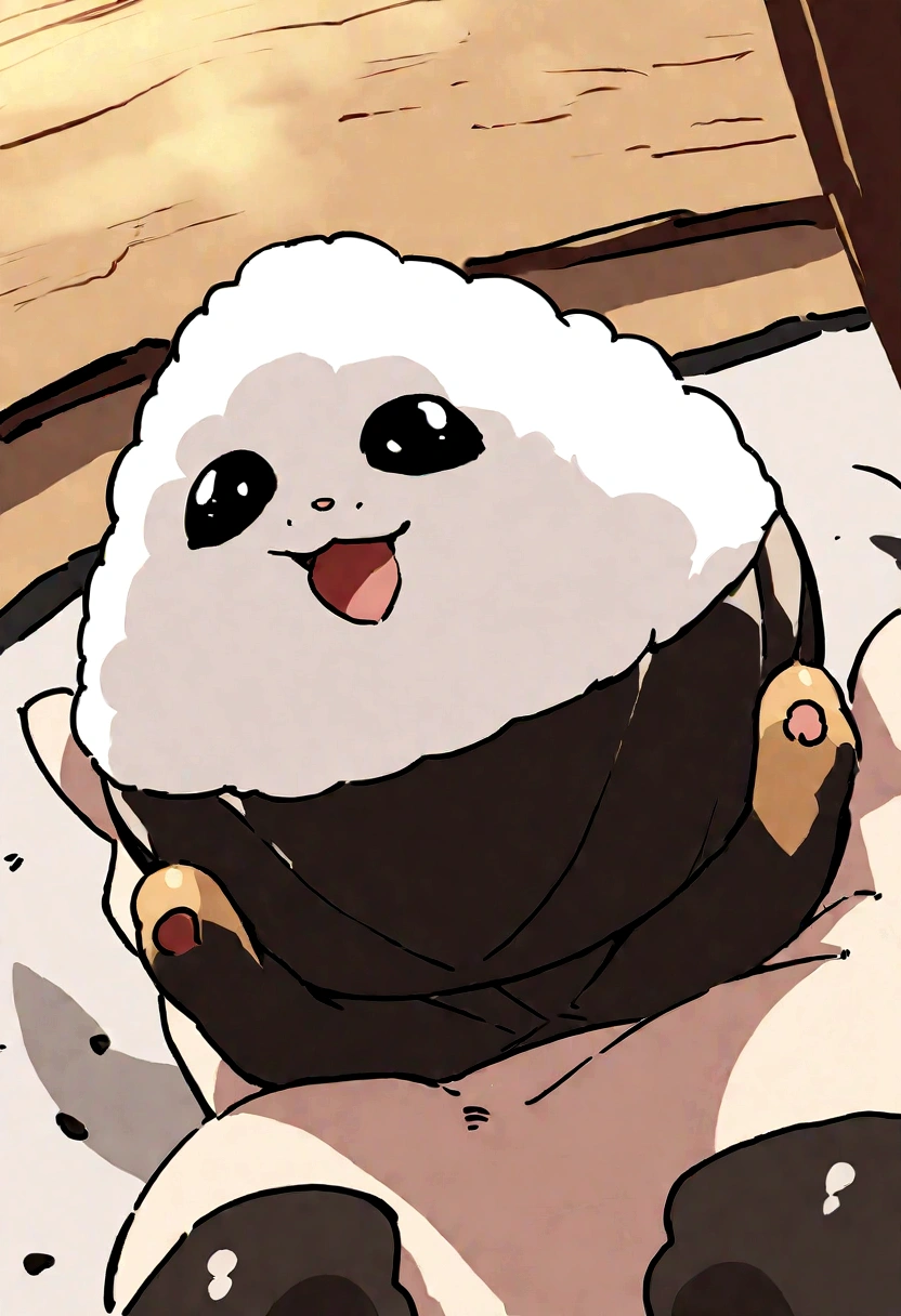 Highest quality， masterpiece， Ultra-high resolution， Very cute cat，Wide angle, Holding rice ball with front paws, Biting onigiri rice ball,Triangular rice balls,Handwritten style