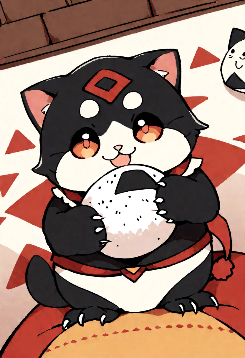 Highest quality， masterpiece， Ultra-high resolution， Very cute cat，Wide angle, Holding rice ball with front paws, Biting onigiri rice ball,Triangular rice balls,Handwritten style