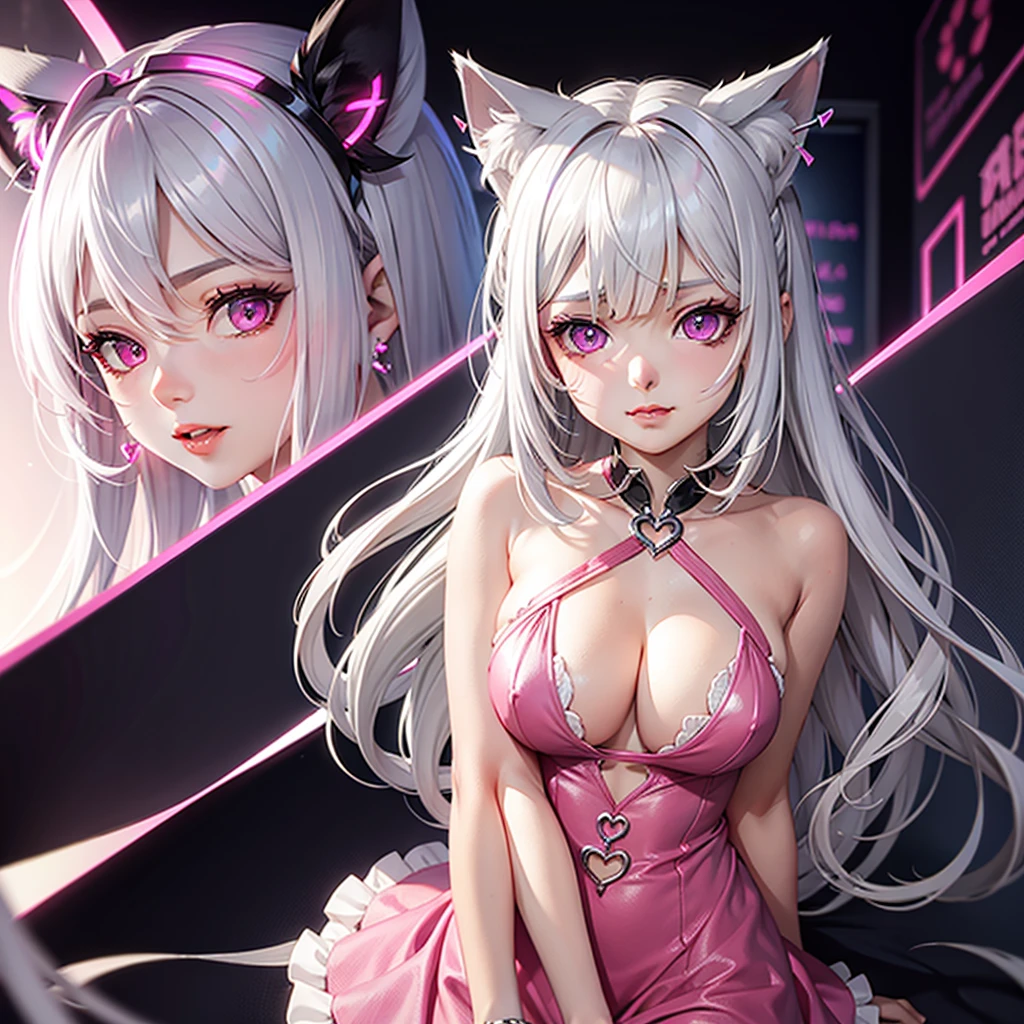 Silver hair, pink eyes, hot pink dress, cat ears, sexy girl, earrings, heart background fantasy, Hispanic 