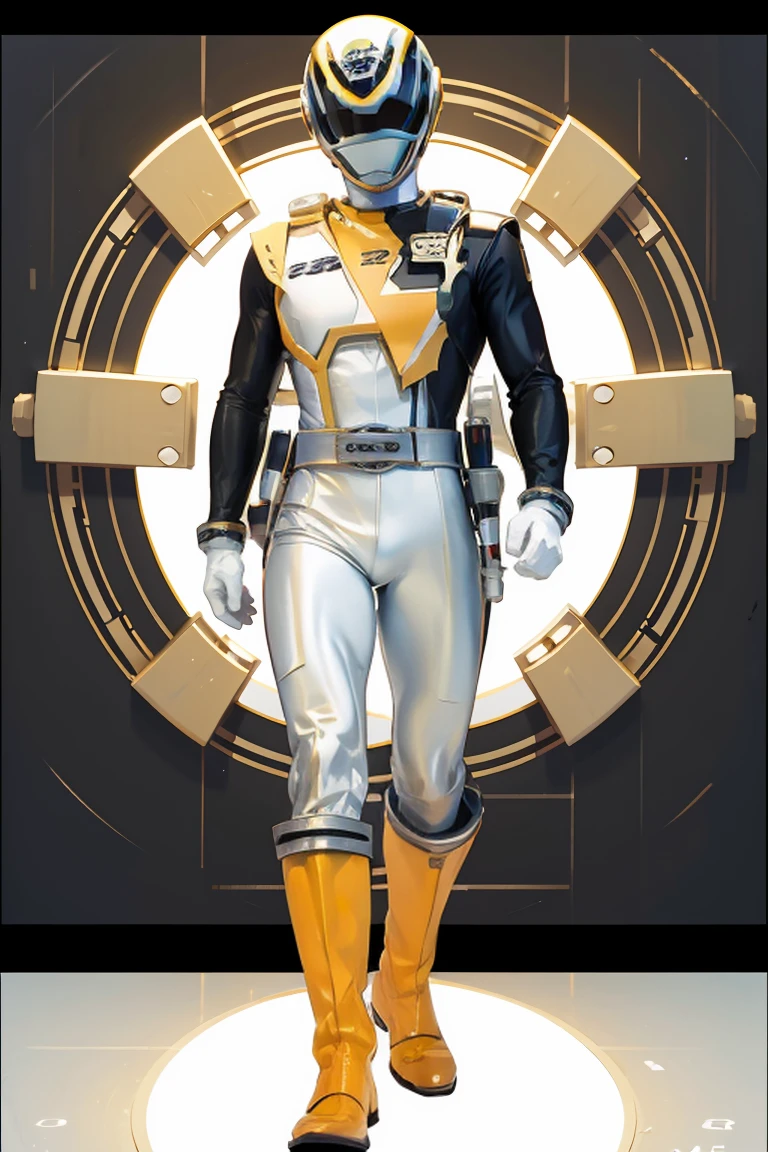 1boy, white, full body, Illustration, cinematic light, high resolution, best quality, ultra detailed, masterpiece, power suit, powerranger, suit, spd, (white ranger suit)), gold detail