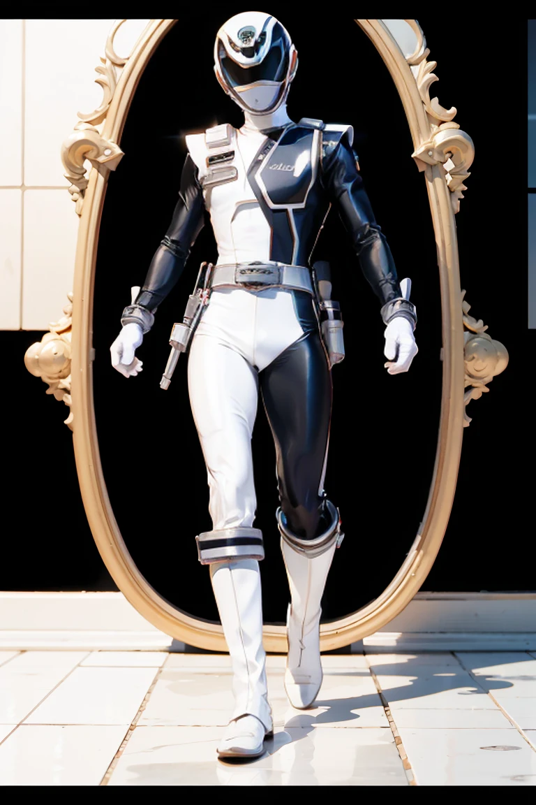1boy, white, full body, Illustration, cinematic light, high resolution, best quality, ultra detailed, masterpiece, power suit, powerranger, suit, spd, (white ranger suit)), gold detail