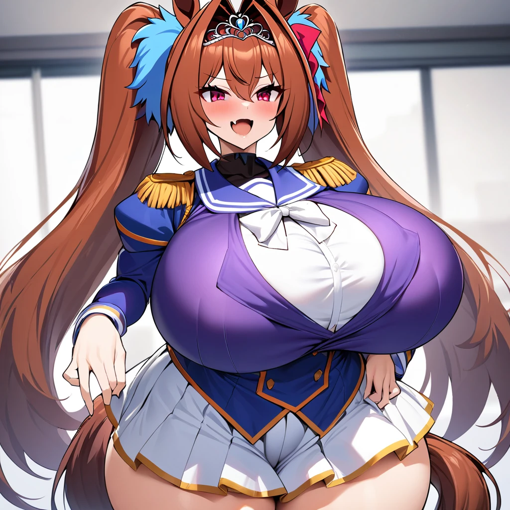 masterpiece, best quality, highres, 1girl, daiwa scarlet (umamusume), horse ears, long hair, twintails, tiara, horse tail, very long hair, brown hair, epaulettes, long sleeves, gigantic huge breasts, Whipped thighs,Trasen , white thighhig, White skirt, sailor shirt, Puffy Short Sleeves,Sailor collar, Purple shirt, a miniskirt,bangs,fang, red eyes, hair,between eyes, hair bow, smile,standing
