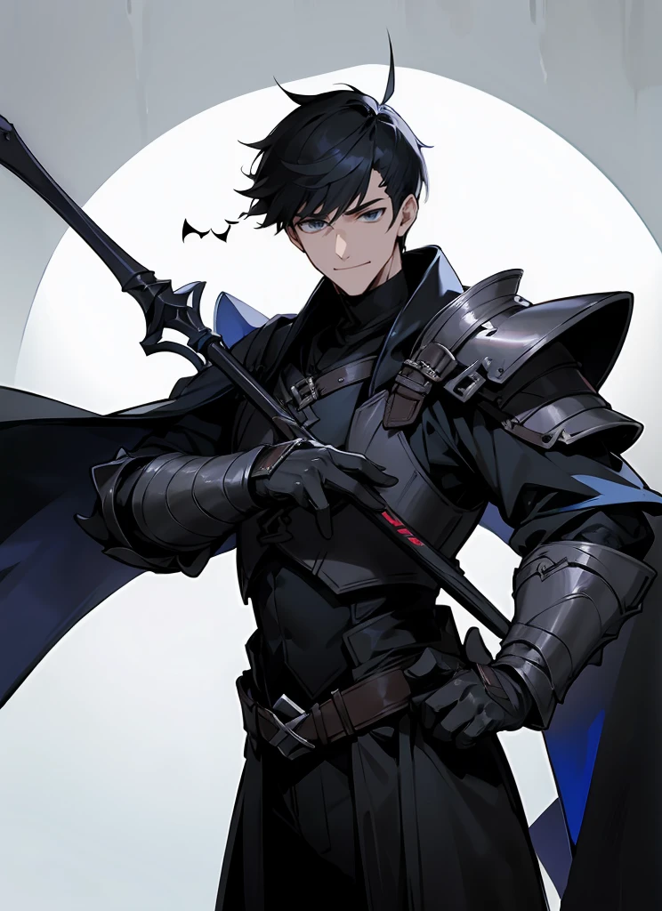 1 , handsome fashion hair,black hair highlight white, fanstasy, smile face, male ,fantasy, reaper, hunter with blackshortsword, villian face, short hair black armor , darkness wolrd