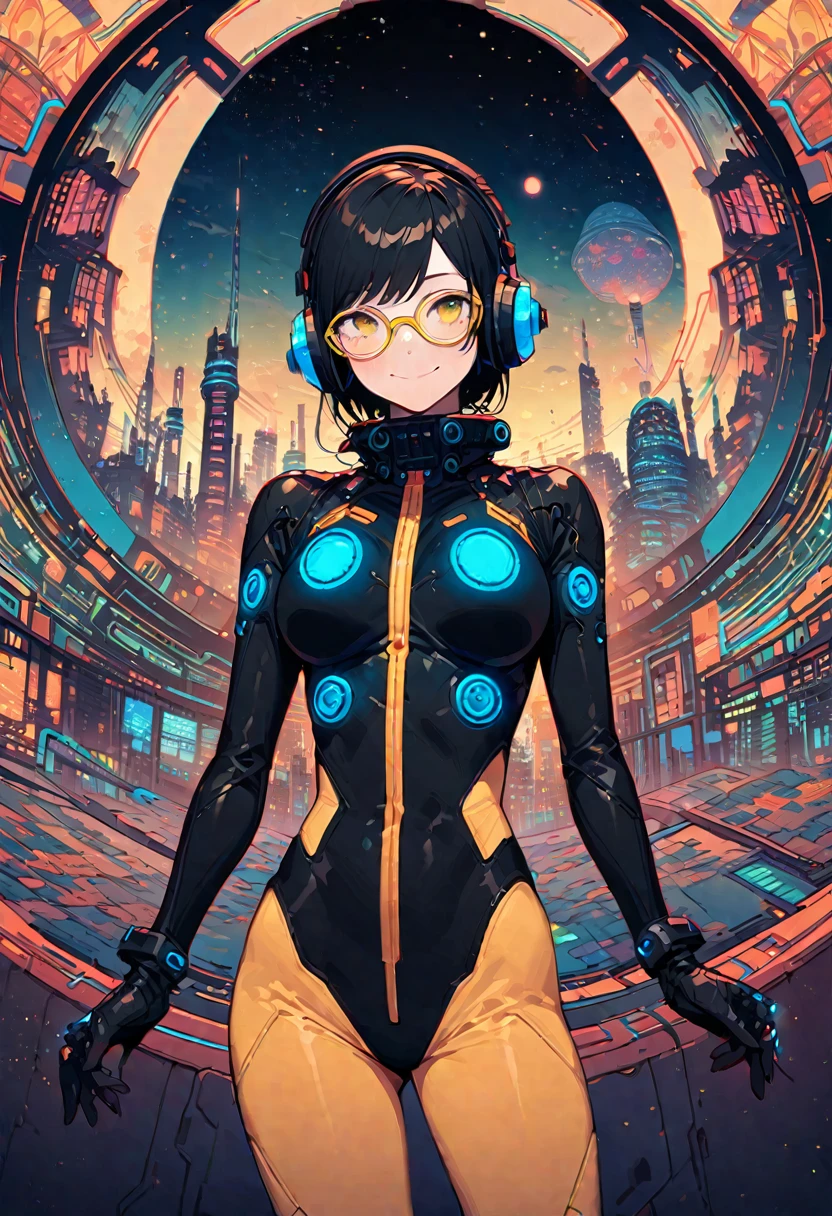 extremely detailed fine touch, 2D, girl, solo, very short black hair, (((yellow underrim glasses:1.3))), (headphones:1.2), blush, smile, standing, (cyber town:1.3), (neon:1.3), Future city, (innovative design:1.3), (motherboard:1.3), (zentangle:1.3), (art nouveau:1.3), (nice view:1.3), (deep space:1.3), (Glowing tower visible in the distance:1.3), night, neon lights on the background, eyelashes, wearing the Gantz Suit,