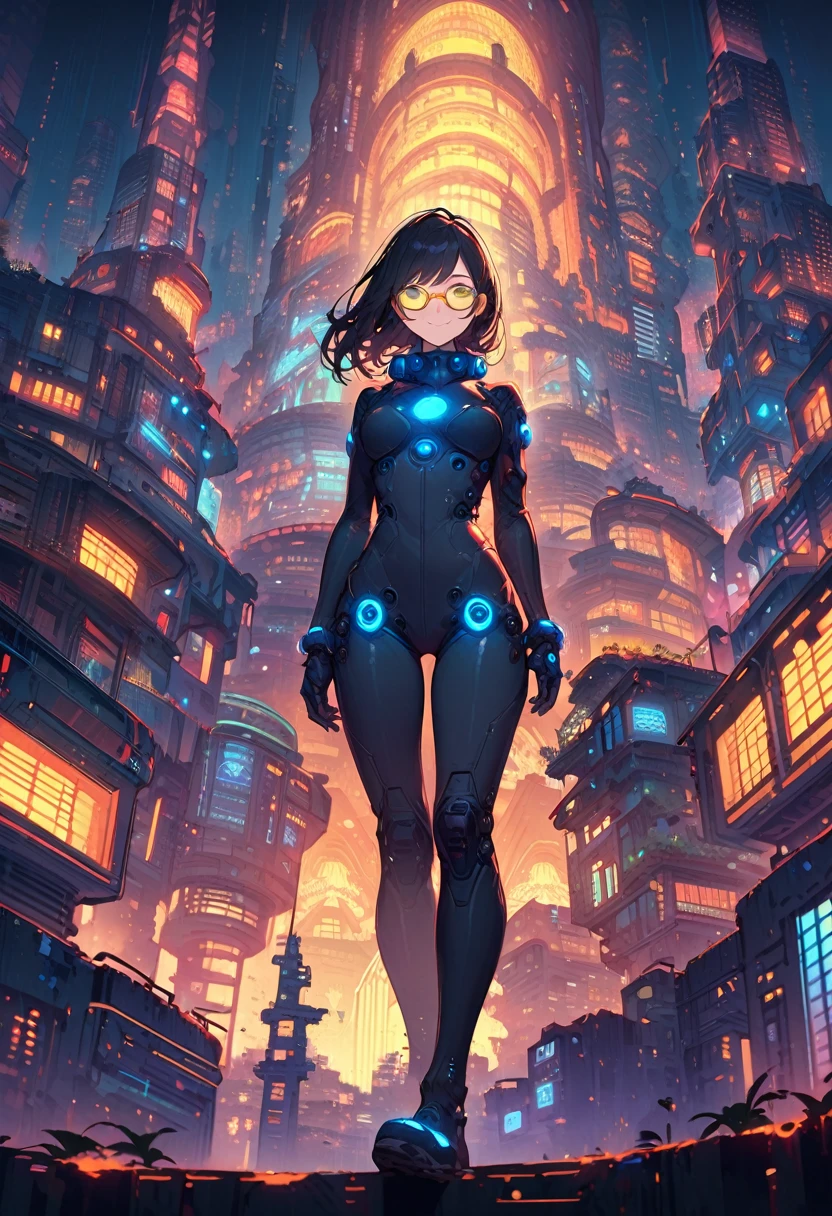 extremely detailed fine touch, 2D, girl, solo, very short black hair, (((yellow underrim glasses:1.3))), (headphones:1.2), blush, smile, standing, (cyber town:1.3), (neon:1.3), Future city, (innovative design:1.3), (motherboard:1.3), (zentangle:1.3), (art nouveau:1.3), (nice view:1.3), (deep space:1.3), (Glowing tower visible in the distance:1.3), night, neon lights on the background, eyelashes, wearing the Gantz Suit,