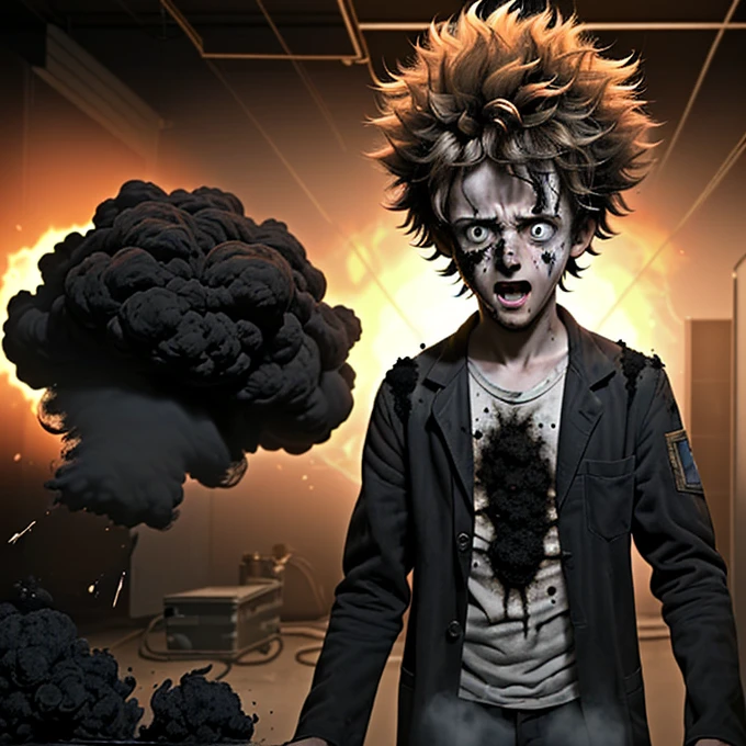 A scene from a comedy movie in which a mad scientist boy is caught in an explosion after an experiment goes wrong and is covered in soot.