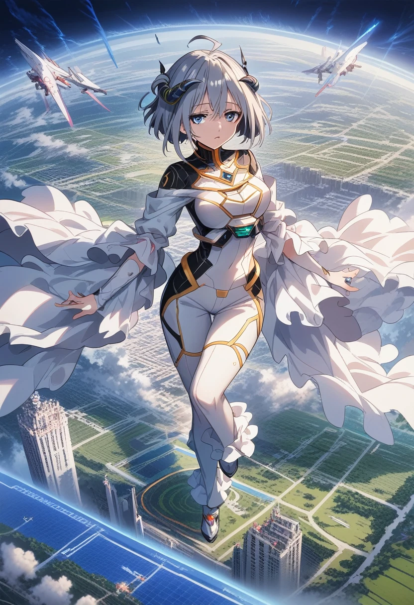 ((Highest quality)), ((masterpiece)), (detailed:1.4), 3d, Beautiful cyberpunk woman image,Blue Eyes、Grey Hair、Short Hair、High resolution (High Dynamic Range),Ray Tracing,NVIDIA,Super Resolution,Unreal 5,Scattered beneath the surface,PBR Texturing,Post-processing,Anisotropic Filtering,Depth of written boundary,Maximum clarity and sharpness,Multilayer Texture,Albedo and Specular Maps,Surface Shading,Accurate simulation of light-matter interactions,Perfect balance,Octane Rendering,Two-tone lighting,wide aperture,Low ISO,White balance,Three-part method,8K RAW,