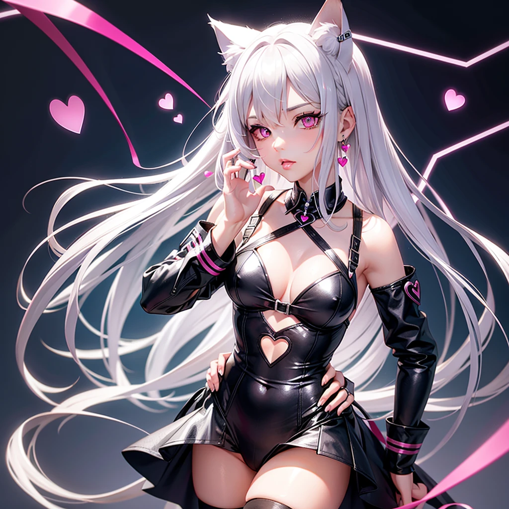 Silver hair, pink eyes, body, cat ears, sexy girl, earrings, heart background fantasy, uniform