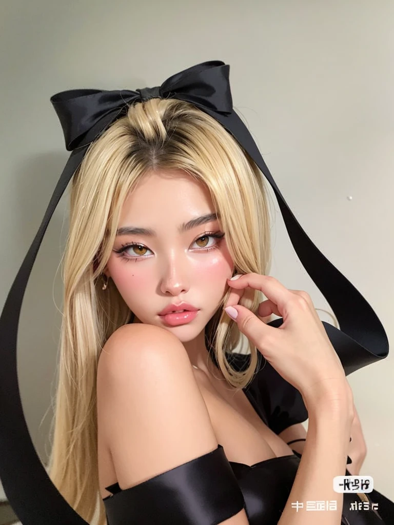 Close-up of a woman with a black bow on her head, thick bow, roseanne park by blackpink, Bowknot, ulzzang, korean girl, cruel korean goth girl, heonhwa choe, lalisa manobal, jaeyeon nam, Hermosa Delphine, jinyoung shin, with black pigtails, White Hime Cut Hairstyle, with rabbit ears