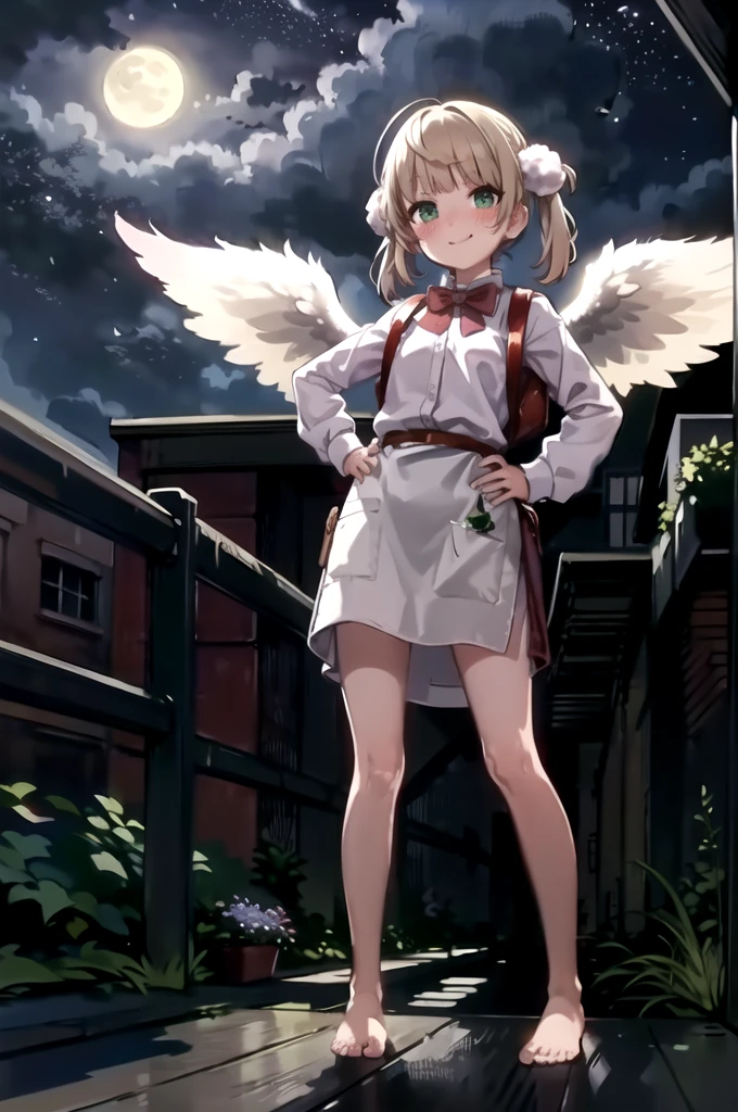 masterpiece, Highest quality, Very detailed  , whole body, Are standing, View your viewers, (night:1.2), null, star, moon, (garden:1.2), (Dark Theme:1.2), (smile), (blush), sweating, (Barefoot:1.2), (Hands on hips:1.2), ui3, One girl, alone, Green Eyes, Pom-pom \(Clothes\), Backpack, Apron dress, White shirt, White socks, Long sleeve, Dilapidated, short hair, belt, (Red bow tie:1.3), bangs, , 青いClothes, Collared shirt, Angel Wings, Falling feathers,
From below 