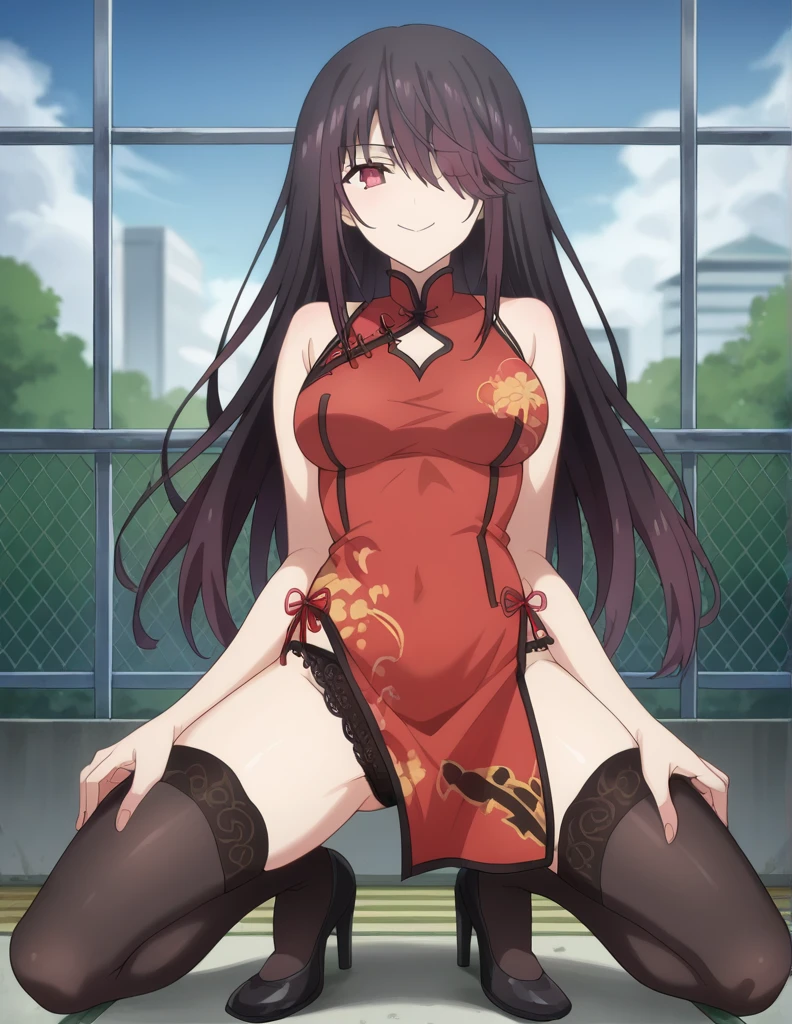 score_9, score_8_up, score_7_up, source_anime,
kurumitokisaki, kurumi tokisaki, long hair, black hair, red eyes, hair over one eye, smile,
Chinese cheongsam, red chi-pao, lift chi-pao, long black fishnet stockings, High heels,black lace underwear,
outside,standing position
looking at viewer, squat